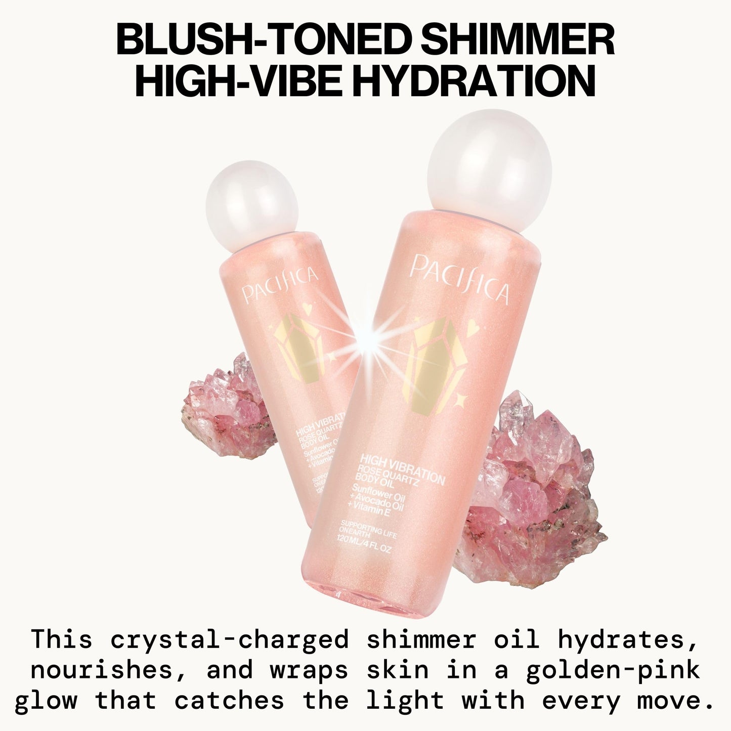Pacifica Rose Quartz Body Oil - High Vibration Hydrating Body Oil with Natural Plant Oils & Rose Quartz Crystals, Moisturizing & Nourishing, Vegan Beauty & Personal Care Pacifica