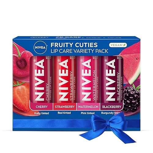 NIVEA Lip Care, Fruity Tinted Lip Balm Variety Pack, Cherry, Strawberry, Blackberry and Watermelon Flavors, 3-in-1 Moisture, Repair and Color, 0.17 Oz Beauty & Personal Care NIVEA