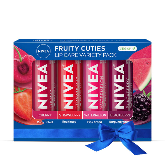 NIVEA Lip Care, Fruity Tinted Lip Balm Variety Pack, Cherry, Strawberry, Blackberry and Watermelon Flavors, 3-in-1 Moisture, Repair and Color, 0.17 Oz Beauty & Personal Care NIVEA