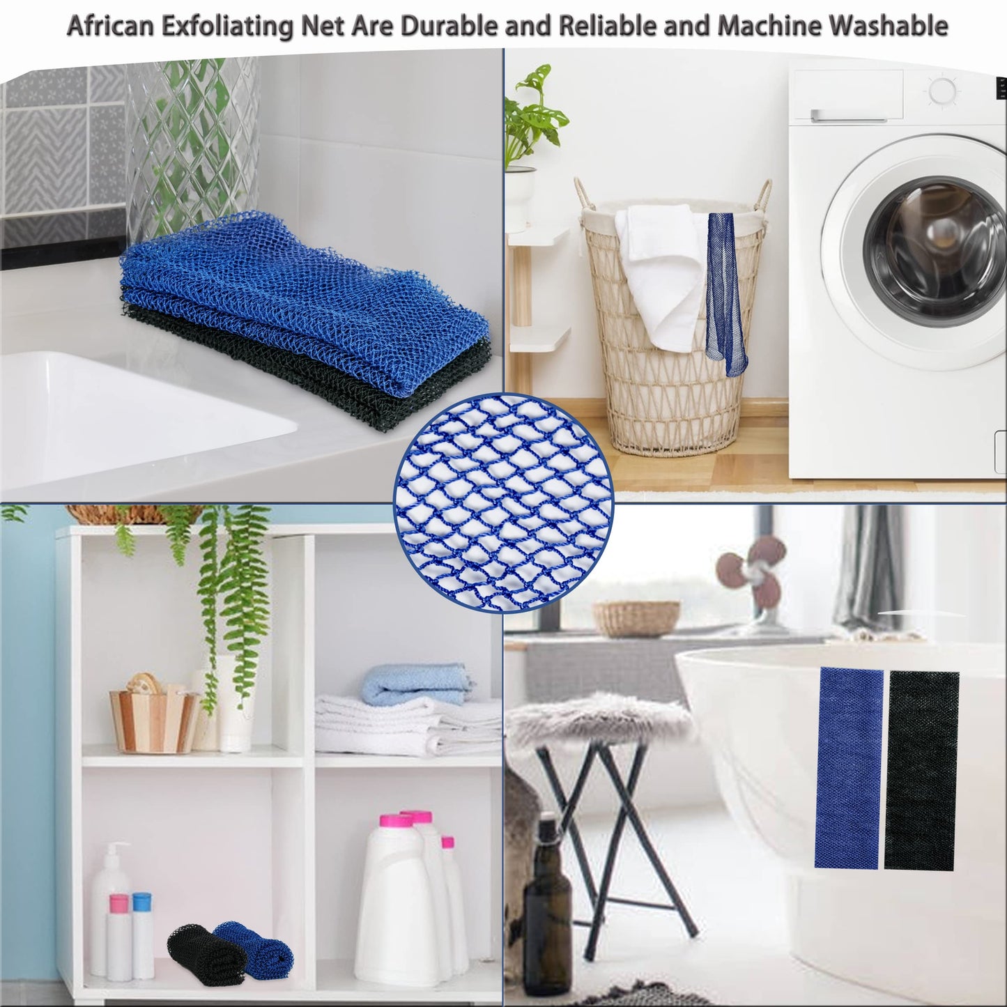 African Net Sponge, 2 Pieces Exfoliating Premium Nylon Bathing/Wash Net for Daily Back Body Scrub Scrubber Shower Net (Black, Blue) … Beauty & Personal Care BHYTAKI