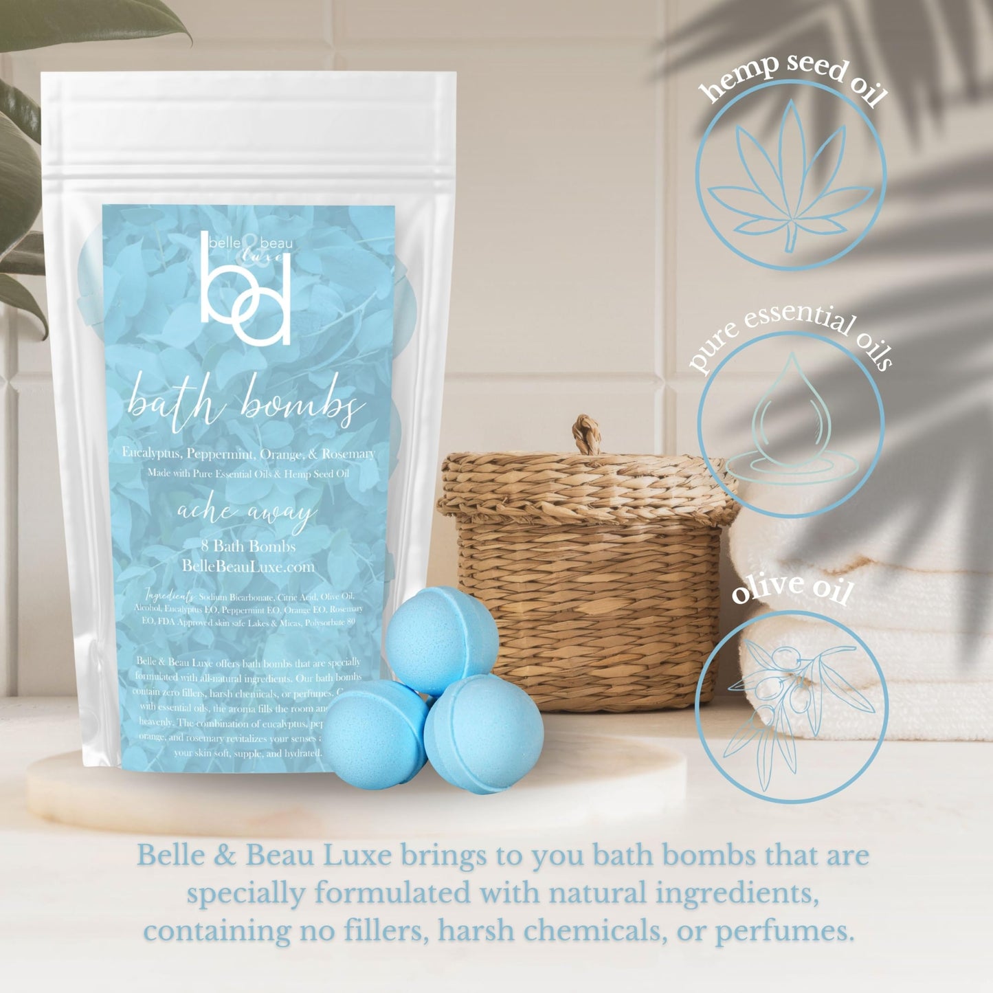 Belle & Beau Luxe Ache Away Hemp Bath Bombs - Made with Organic Hemp Seed Oil and Eucalyptus, Peppermint, Orange, & Rosemary Essential Oils - 8 Count Beauty and Personal Care BB BELLE & BEAU LUXE
