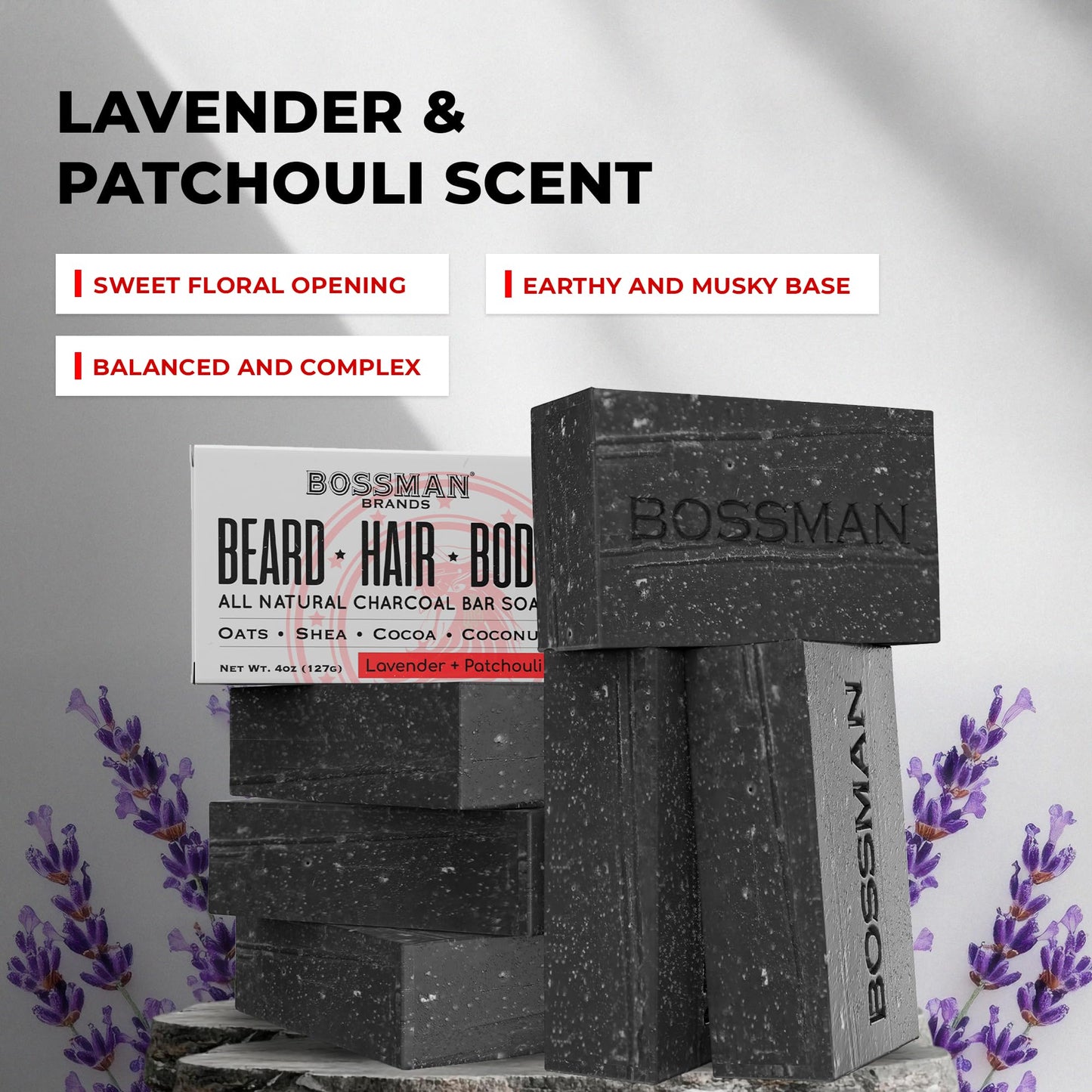 Bossman 6-Pack 4-in-1 Bar Soap for Men – All Natural Organic Beard Wash, Shampoo, Body Wash, Shaving Soap – Lavender & Patchouli Scent Beauty & Personal Care Bossman