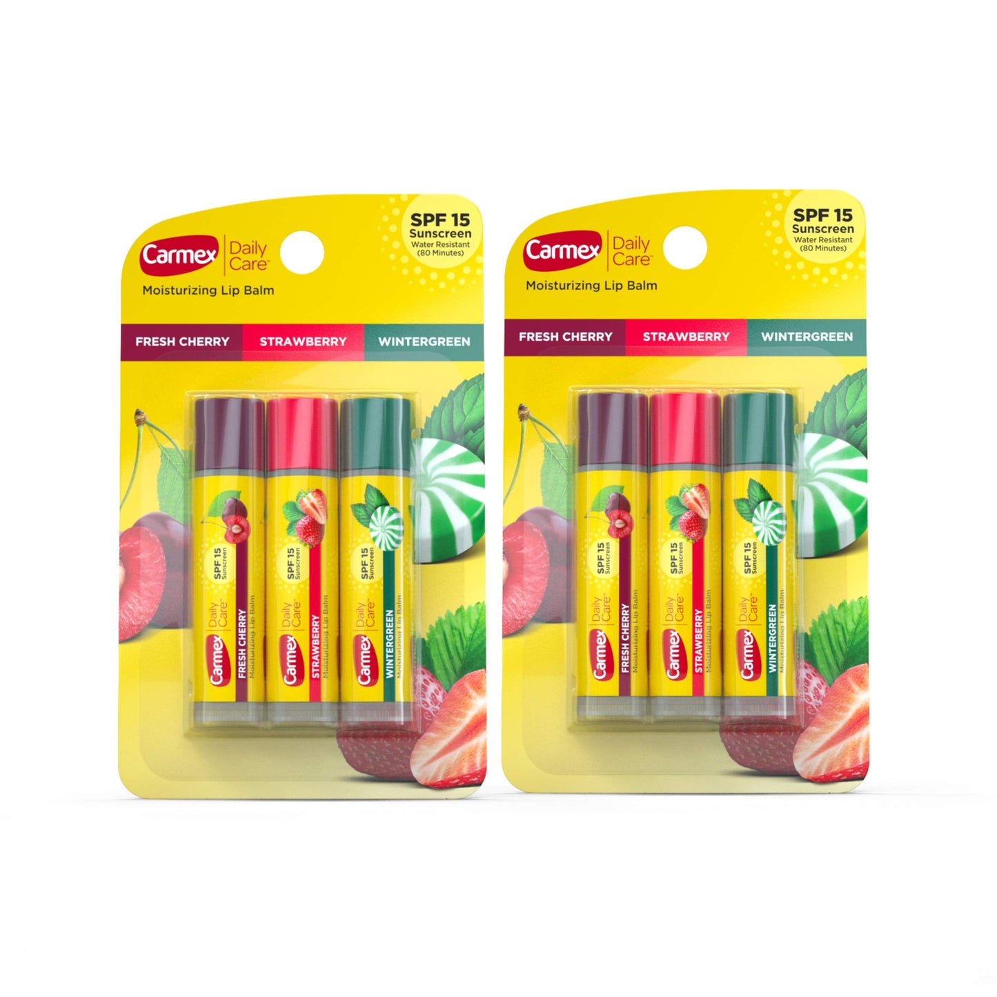 Carmex Daily Care Moisturizing Lip Balm Sticks with SPF, Fresh Cherry, Strawberry and Wintergreen Lip Balm Pack, 0.15 OZ - 3 Count (Pack of 2) Beauty and Personal Care Carmex