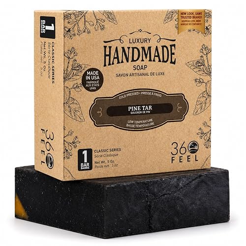 360Feel Pine Tar Bar Soap - Made in The USA - Castile Handmade, All-Natural, Cold-Processed - Infused with Pine Tar for Relaxation & Calm - Rich Beauty & Personal Care 360Feel