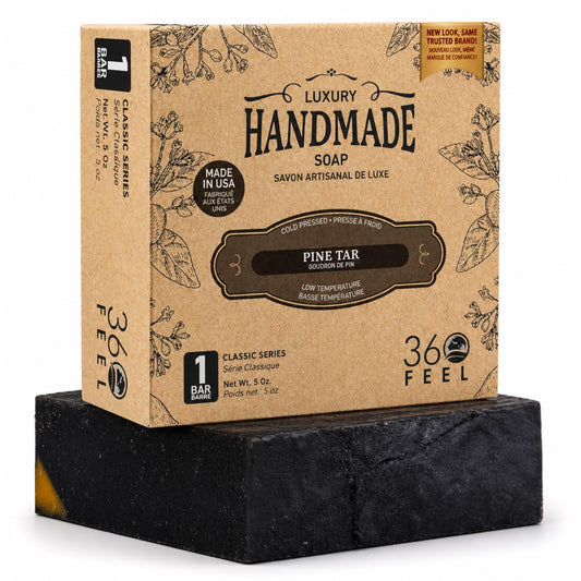 360Feel Pine Tar Bar Soap - Made in The USA - Castile Handmade, All-Natural, Cold-Processed - Infused with Pine Tar for Relaxation & Calm - Rich Beauty & Personal Care 360Feel