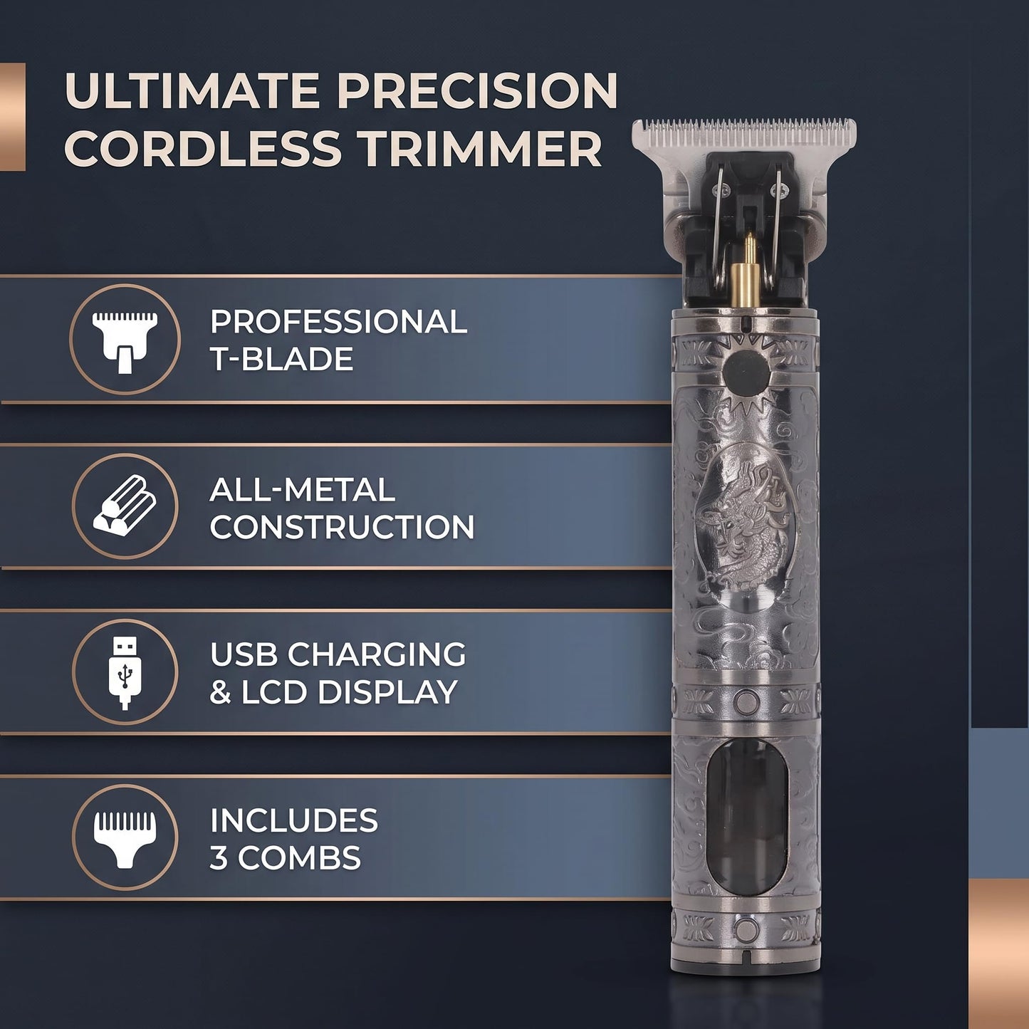 Walfront Hair Clippers for Men Professional Cordless All Metal Body Alloy Hair Trimmer T-Blade Beard Trimmer Zero Gapped Edgers, with 3 Combs, USB Beauty and Personal Care Walfront