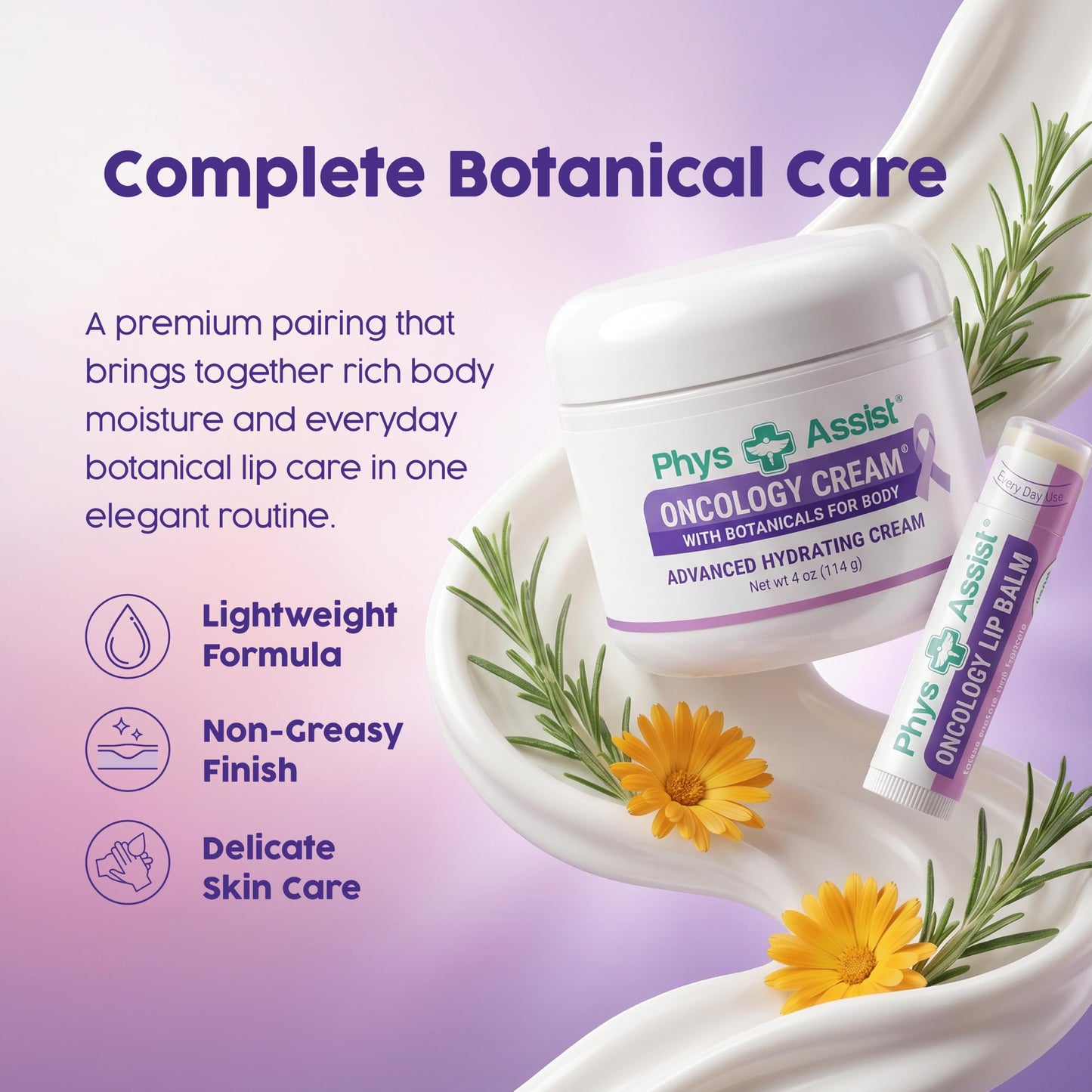 PhysAssist Oncology Cream with Botanicals for Body 4 oz + Lip Balm 3 Pack. Skin Therapy Set for Dry, Sensitive & Stressed Skin - Hydrating Body Cream Beauty and Personal Care PhysAssist