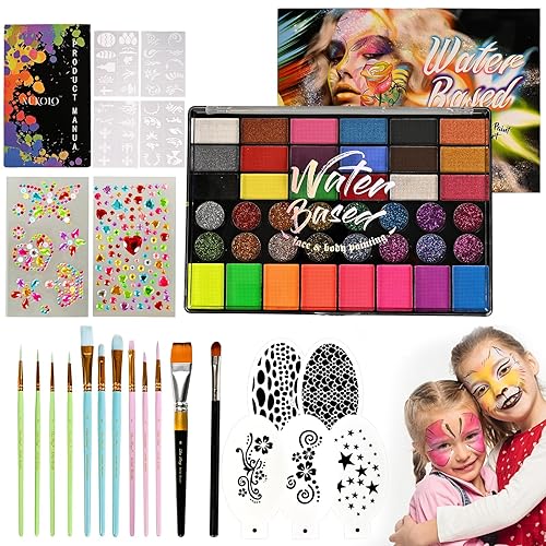 Ruihangda 42 Colors Face Painting Kit for Kids, Non Toxic Water Based Face Body Paint with Brushes, Stencils, Sponges, Gem Stickers, Washable Makeup Beauty & Personal Care Ruihangda