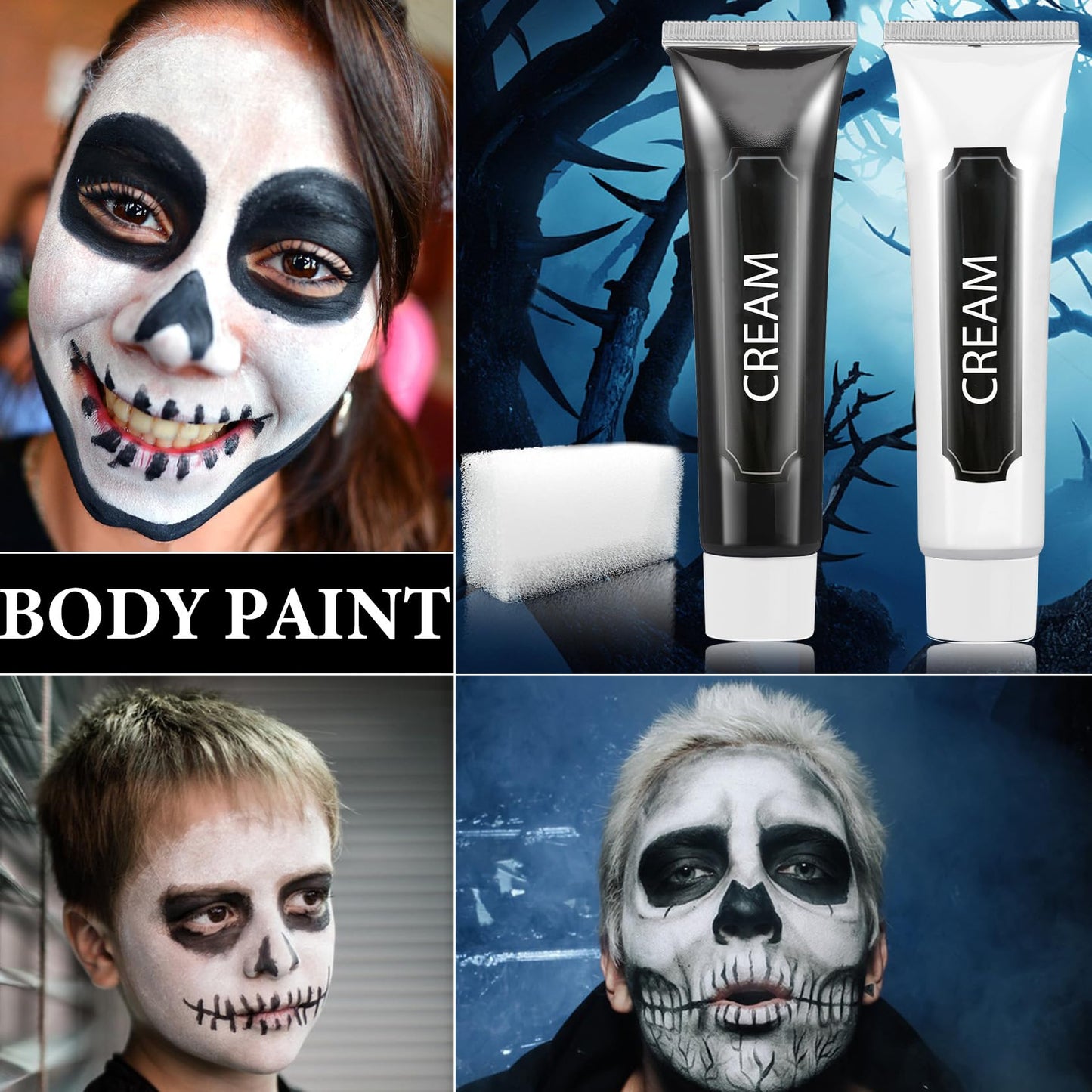 WENJLYJ 2 PCS Black White Cream Face & Body Paint Set, Halloween SFX Makeup Kit, Professional Face Painting Kit for Zombie Skeleton Cosplay Clown Beauty & Personal Care WENJLYJ