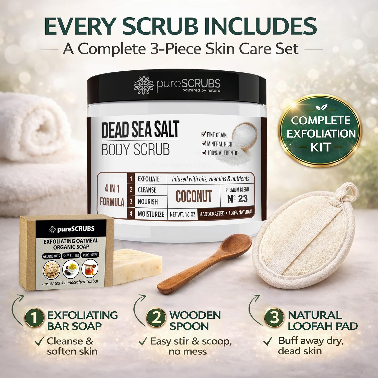 pureSCRUBS Premium Coconut Body Scrub Set, Exfoliating Dead Sea Salt Scrub Beauty and Personal Care pureSCRUBS