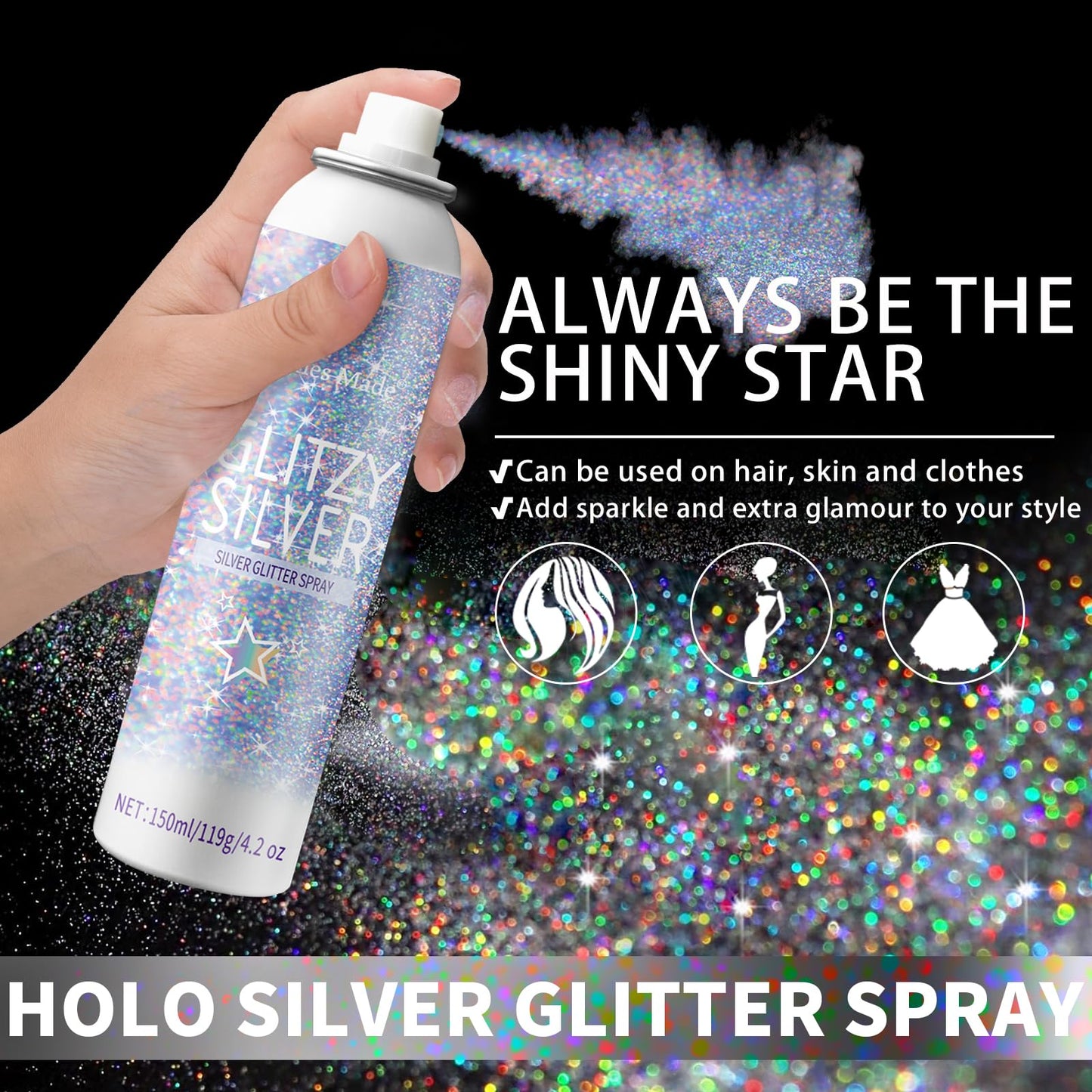 Elitles Made Hair Glitter Body Glitter Spray, 150ML Glitter Hairspray Holographic Silver Glitter Spray for Hair and Body, Hair Glitter for Kids Women Beauty & Personal Care Elitles Made