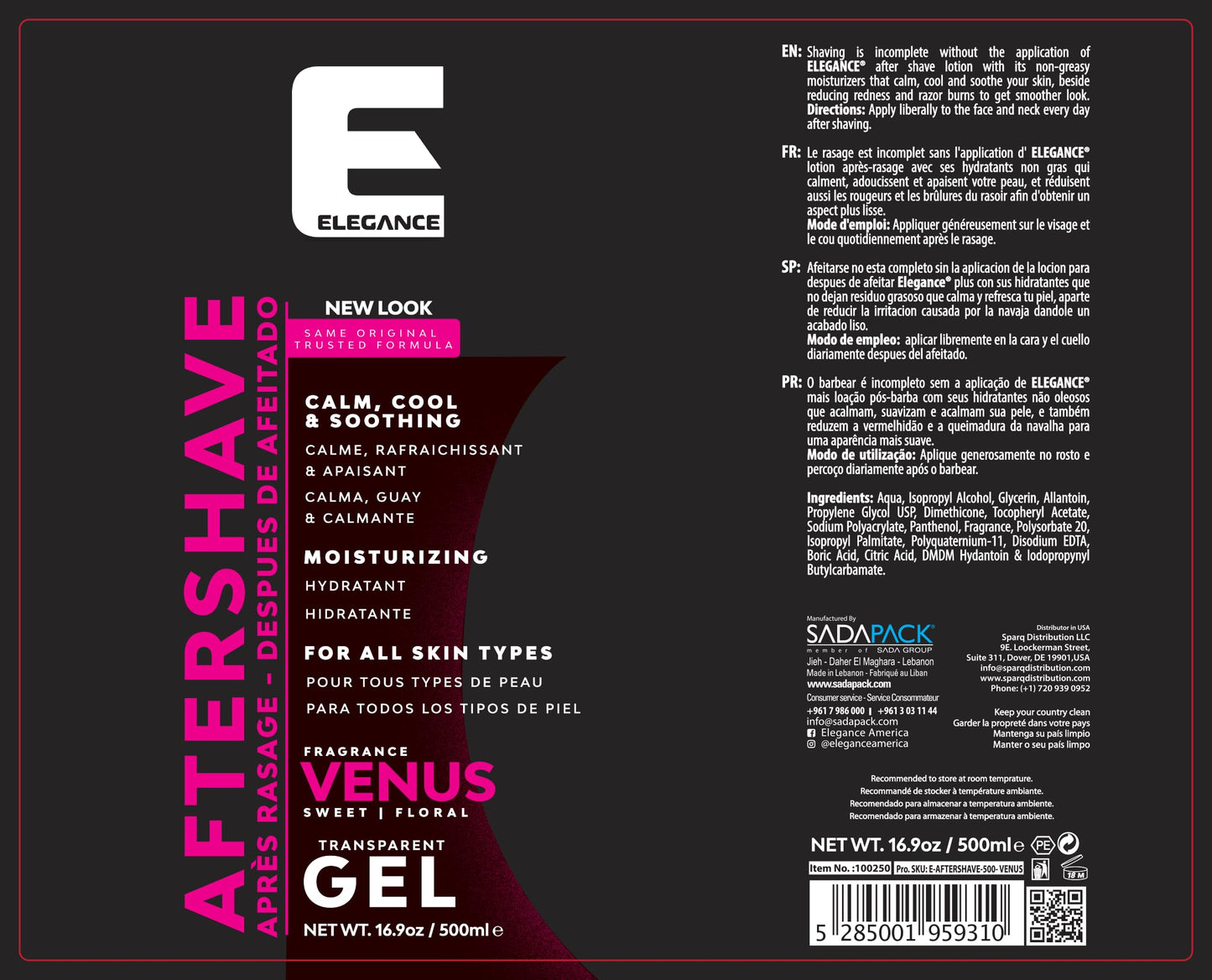 Elegance After Shave Lotion for Men, 500ml, Venus (Pink), Real Shaving Relief, After Shave that Hydrates and Revitalizes your Skin, 16.9 Oz Venus Beauty and Personal Care E Elegance
