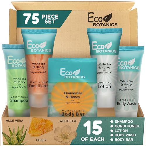 Travel Size Hotel Toiletry Set 75 Count 0.85 oz Bottles Guest Amenities for Airbnb Vacation Rentals and Short Term Rentals Paraben Free White Tea Beauty & Personal Care Terra Pure