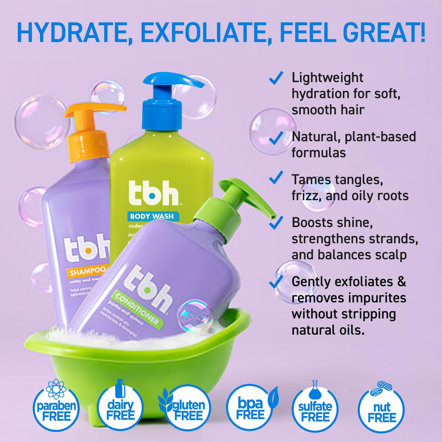 TBH Kids & Teen Hair and Body Care Set - Shampoo, Conditioner & Body Wash with Natural Ingredients - Sulfate & Paraben Free - Gentle for All Hair Beauty & Personal Care TBH