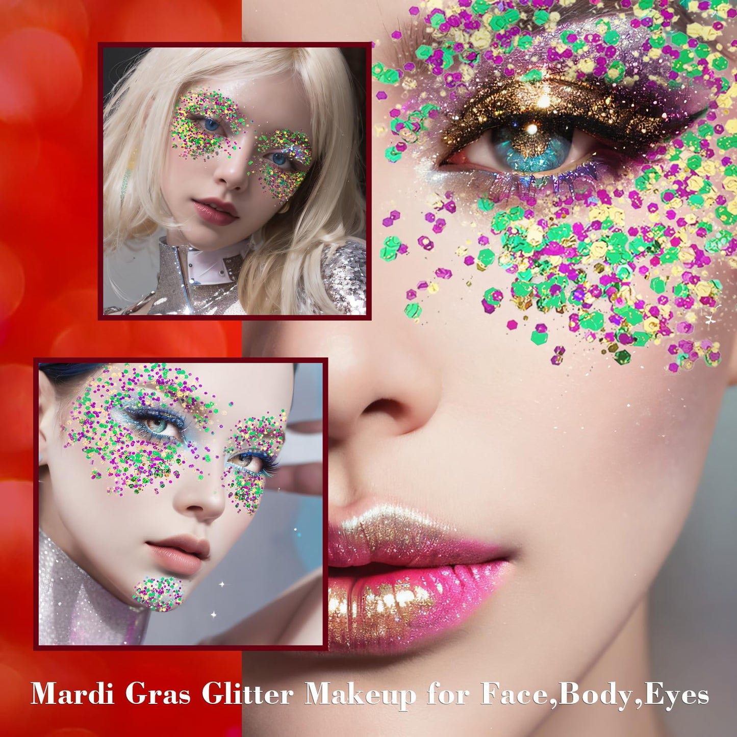 Mardi Gras Face Glitter,Festival Rave St Patricks Day Accessories Body Glitter for Face Body Hair,Gold Green Purple Mixed Chunky Glitter Beauty & Personal Care faglowmify