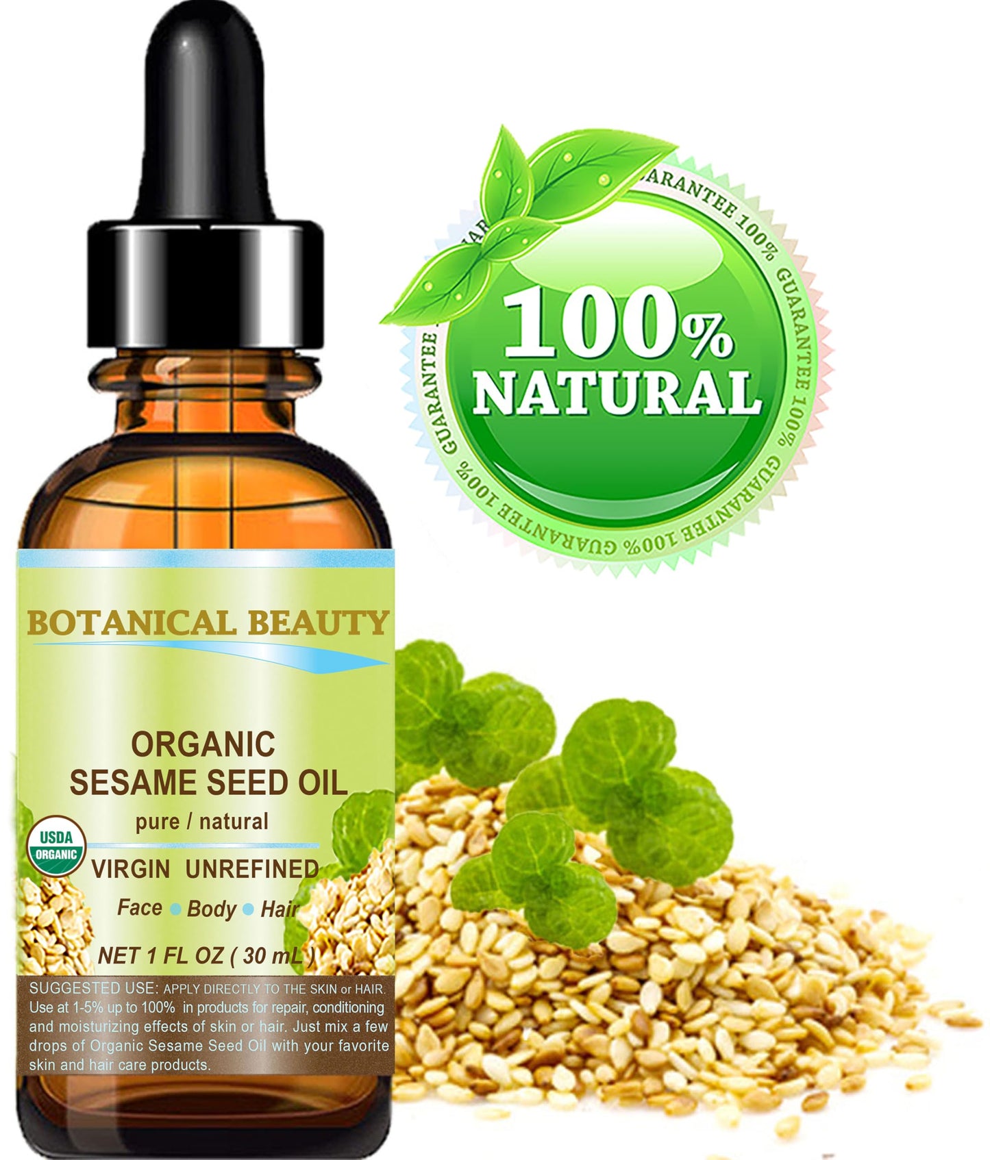 Botanical Beauty Organic SESAME SEED OIL 100% Pure Natural Virgin Unrefined Undiluted Cold Pressed Carrier Oil for Face, Skin, Body, Hair, Massage Beauty & Personal Care Botanical Beauty