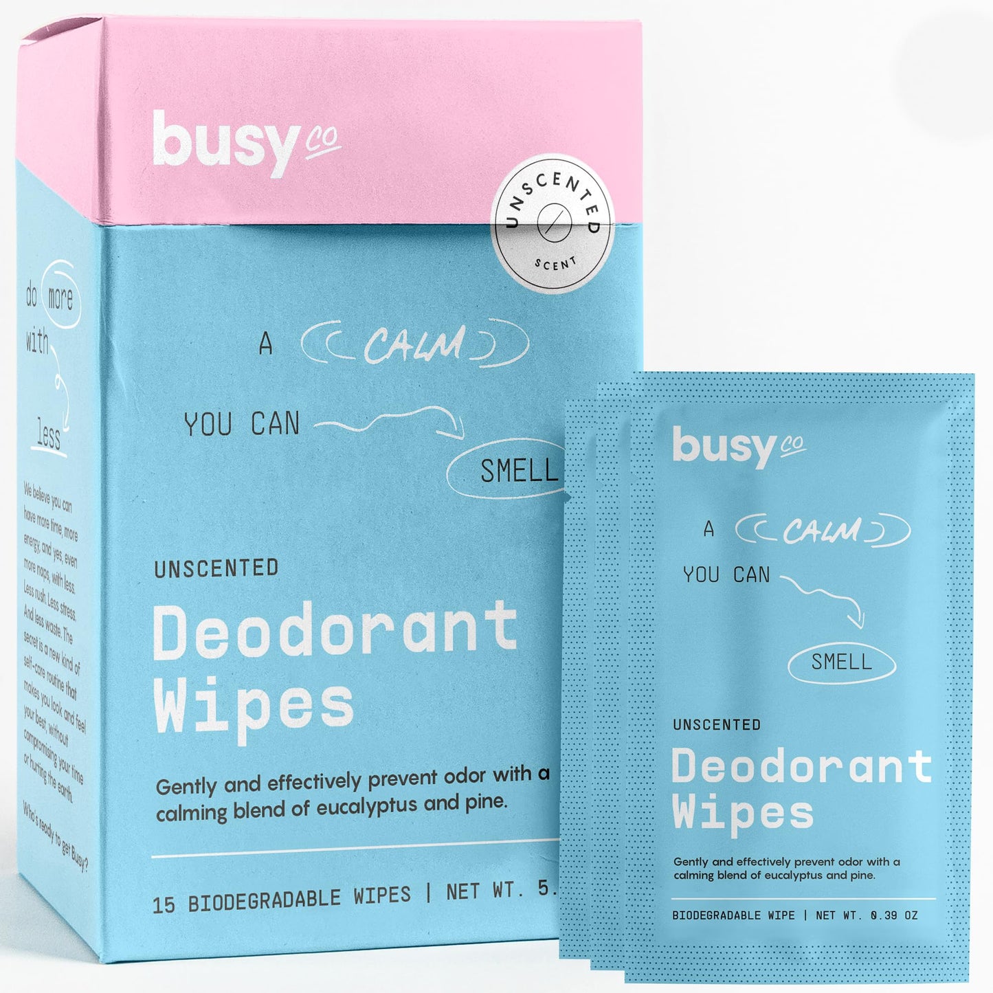 Calm Line Deodorant Wipes - 15ct Unscented Deodorant for Women w/Zinc, Prebiotics & Papaya - Individually Wrapped - Sweat Wipes for Gentle Beauty and Personal Care BUSYCO