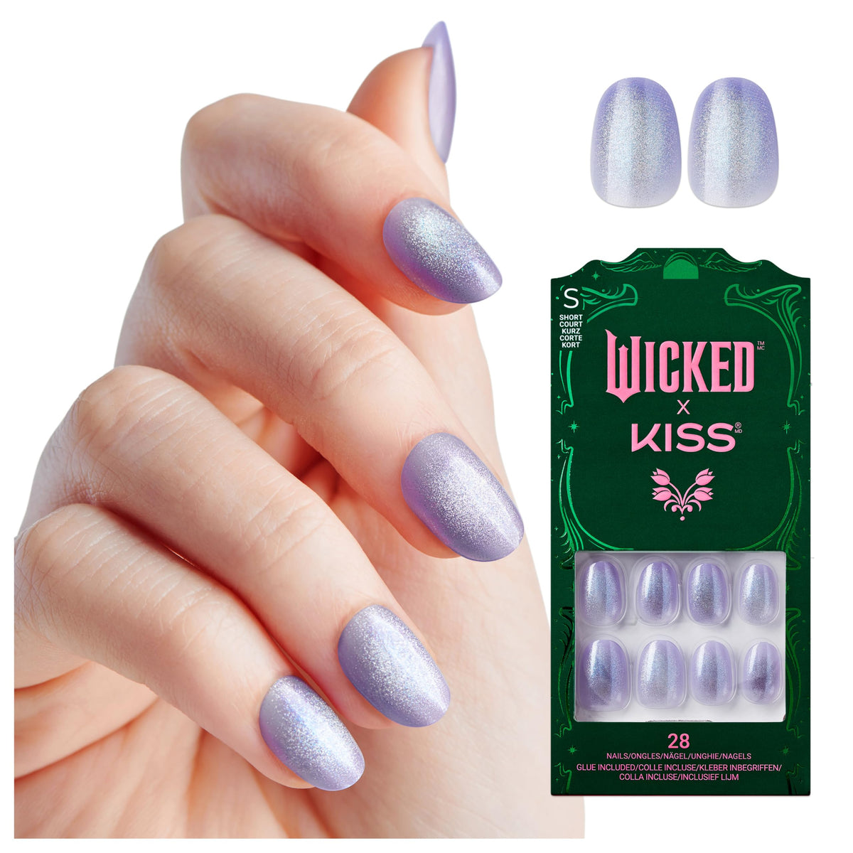 WICKED X KISS Press On Nails, ‘Ozdust’, Light Purple, Short Oval, Waterproof, Chip Proof, Smudge Proof, 28 Fake Nails, Pink Gel Nail Glue (2g), Mini