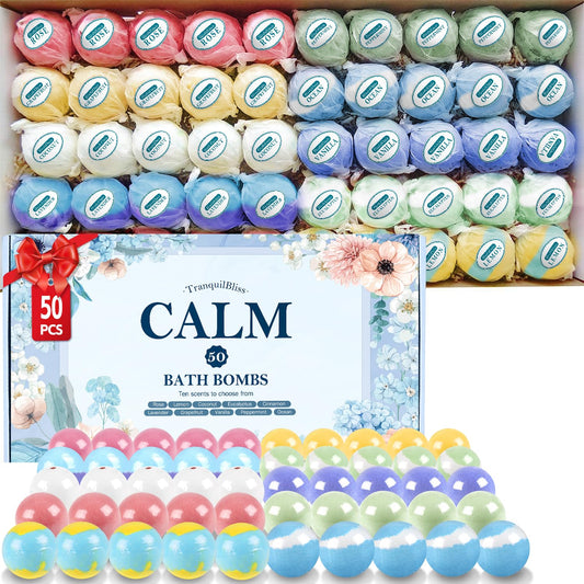TranquilBliss Bath Bombs Set 50 PCS with 10 Rich Scents, Bath Bombs for Women, Natural Bubble Bombs with Shea Butter & Safe Oil, Ideal for Mother's Beauty and Personal Care TranquilBliss