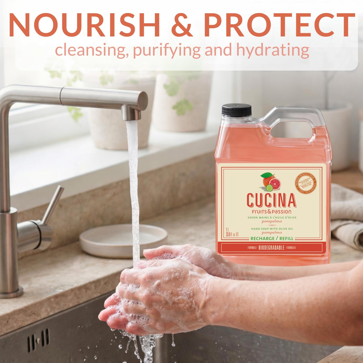 Cucina Fruits & Passion Hand Soap Refill, Pompelmo, 1 L (33.8 fl oz), Liquid Hand Soap with Moisturizing Olive Oil, Biodegradable, Vegan Formula Beauty & Personal Care Cucina