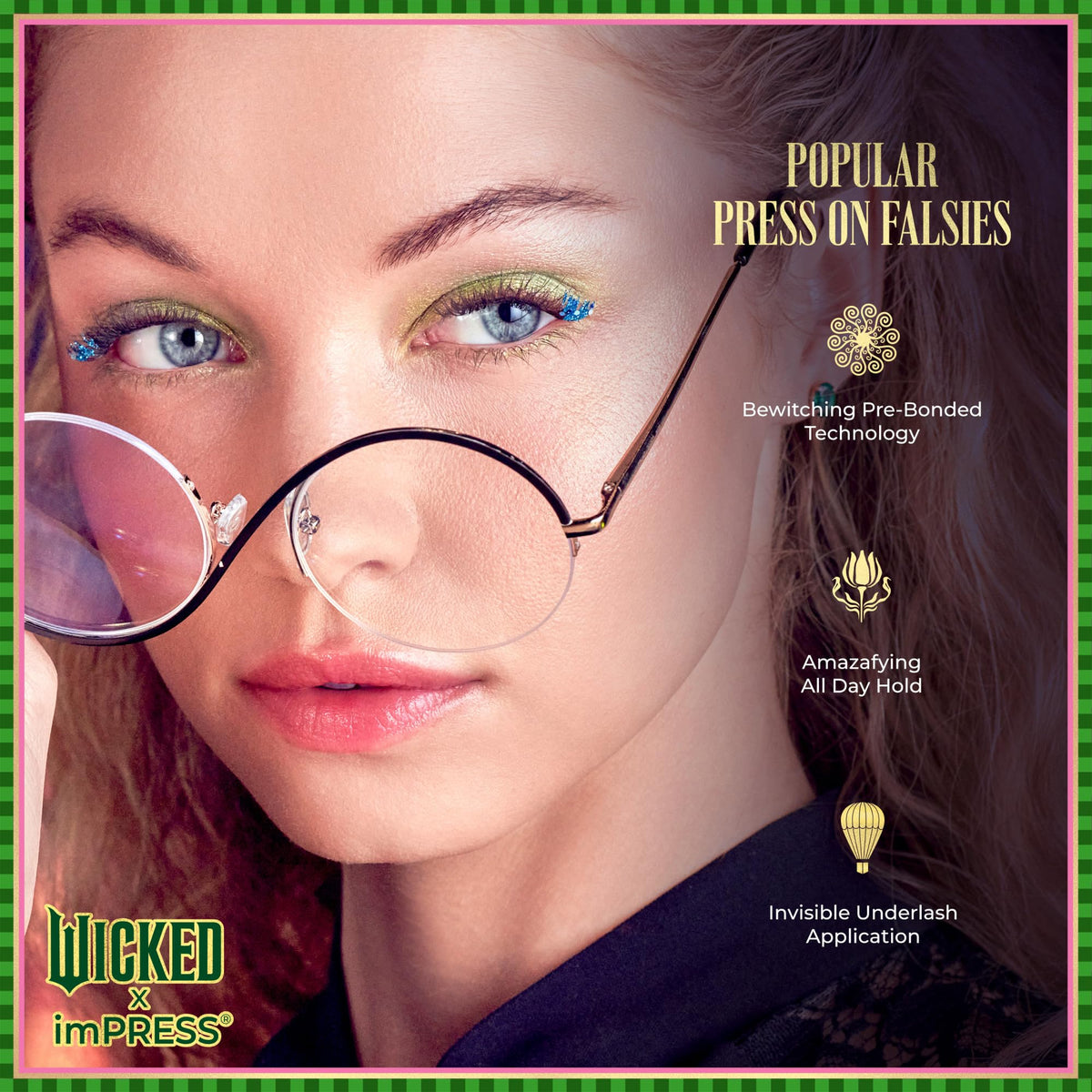 WICKED X imPRESS Press On Self Adhesive Eyelashes, ‘Welcome to OZ’, 8mm-10mm Natural Volume Press On Lashes, Pink Glitter, No Glue Needed, 12 Lash
