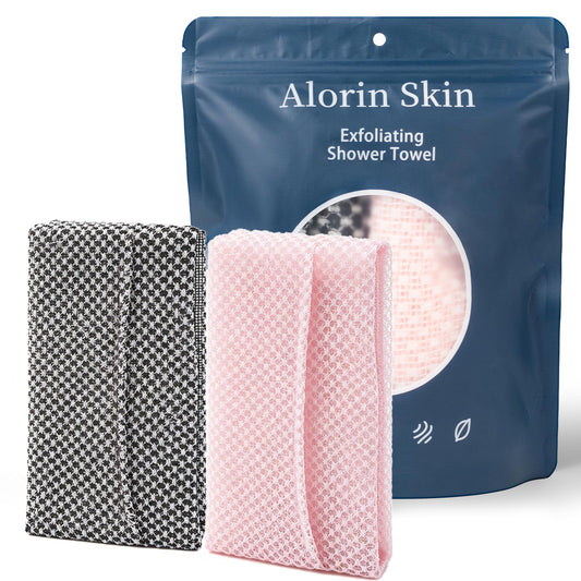 2 PC Alorin Silver Towel Exfoliating Shower Towel, Rip-Resistant Washcloth for All Skin Types, Pink and Black Beauty and Personal Care Alorin Skin
