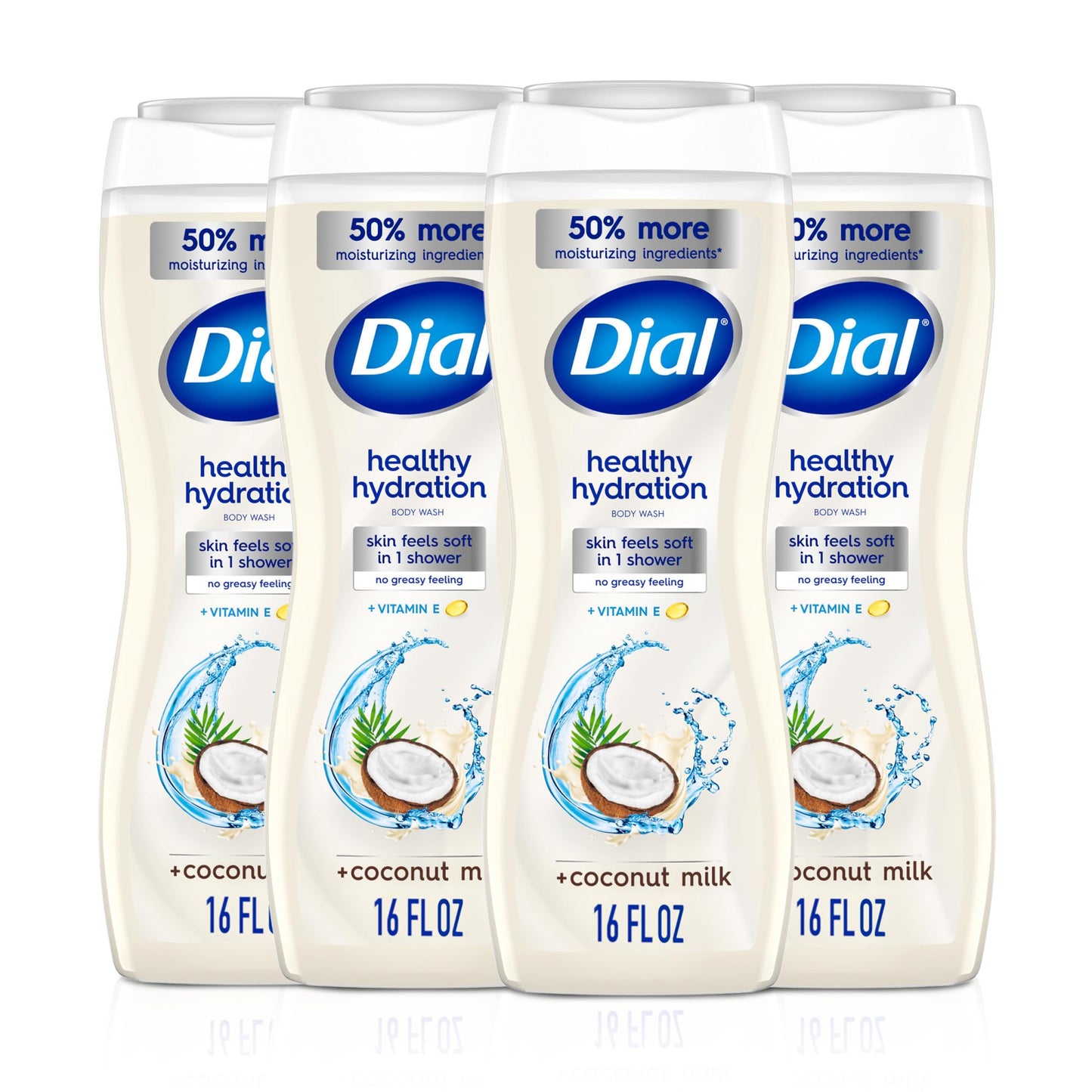 Dial Body Wash, Healthy Hydration, Coconut Milk + Vitamin E, 16 fl oz (Pack of 4), Gentle, Leaves Skin Feeling Soft In 1 Shower, Dermatologist-Tested Beauty & Personal Care Dial