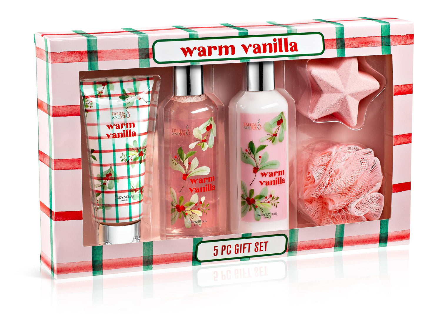 Fragrance Bath & Body Collection Gift Box, Includes Shower Gel, Body Lotion, Body Scrub, Bath Bomb & Sponge (Warm Vanilla- Pink) Beauty and Personal Care Freida and Joe