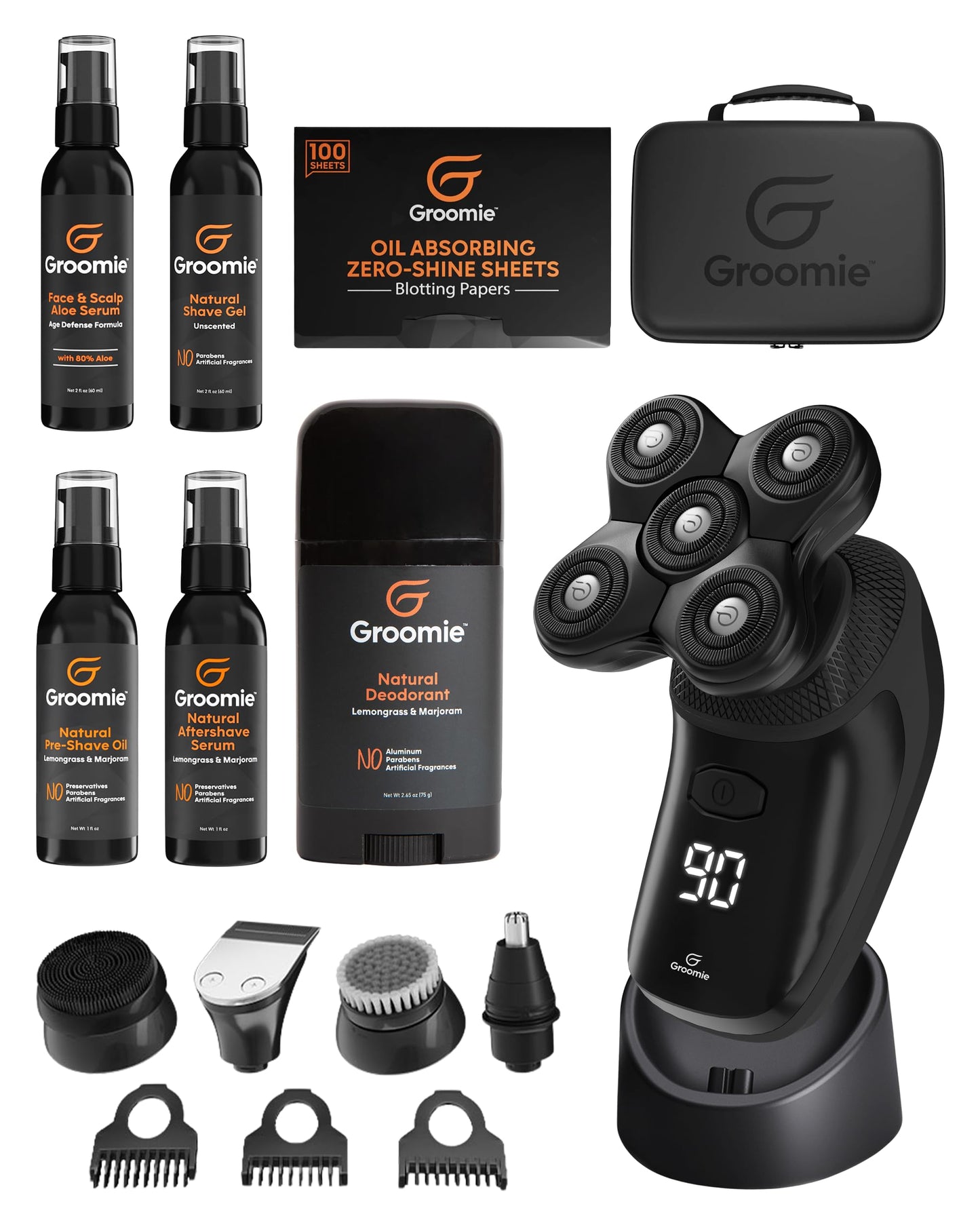 Groomie Mens Grooming Bundle - BaldiePro Electric Head Shaver for Bald Men Includes Travel Case, Charging Dock & Accessory Kit - Deodorant, Scalp Beauty and Personal Care Groomie