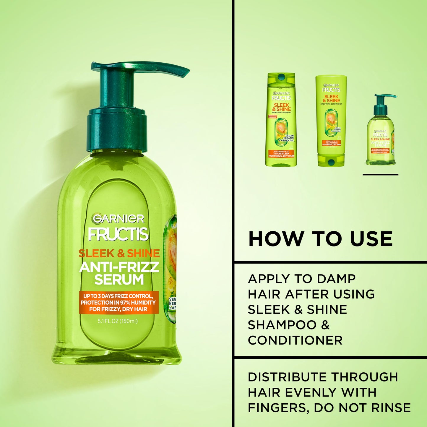 Garnier Fructis Sleek & Shine Anti-Frizz Serum, Leave-In Hair Treatment with Vegan Kera System + Argan Oil, Up to 72HR Frizz Control and Humidity Beauty & Personal Care Garnier