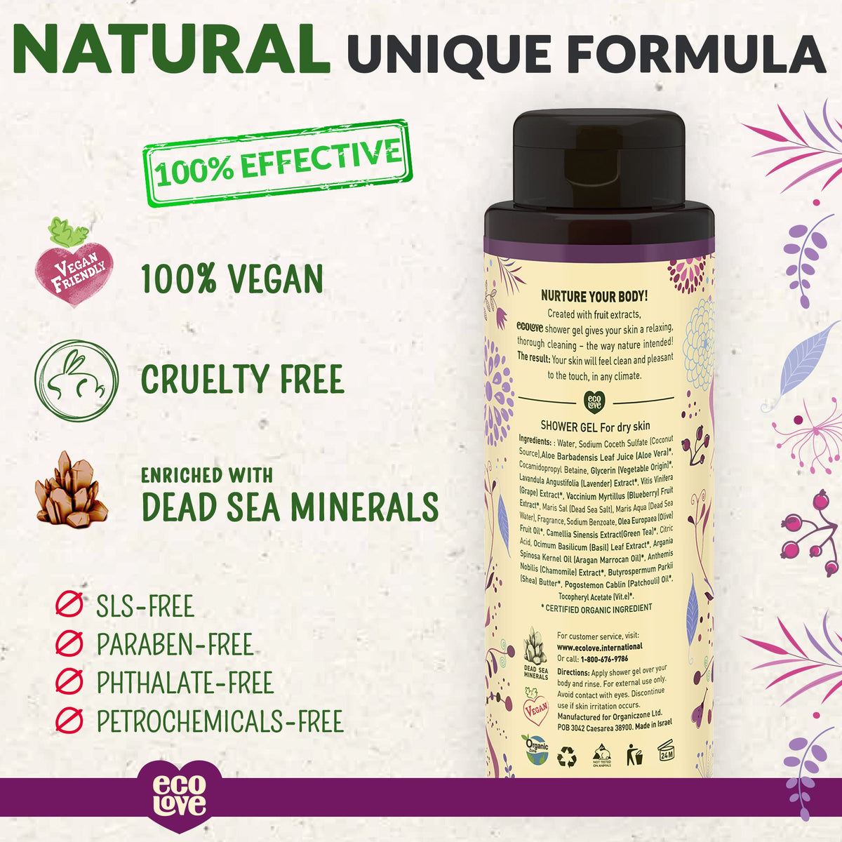 ecoLove - Natural Moisturizing Body Wash for Dry Skin - Organic Blueberry, Grape & Lavender - No SLS or Parabens - Vegan and Cruelty-Free Shower Gel Beauty & Personal Care ecoLove