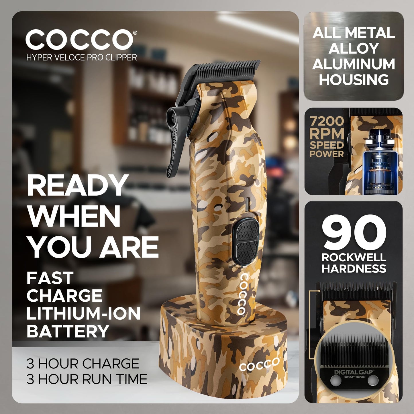 Cocco Hyper Veloce Pro Clipper, Digital Gap Ambassador Graphene Taper Blade Professional Hair Clippers, High-Torque BLDC Motor, All-Metal, Cordless Beauty and Personal Care Cocco