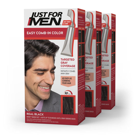 Just For Men Easy Comb-In Color Mens Hair Dye, Easy No Mix Application with Comb Applicator - Real Black, A-55, Pack of 3 Beauty & Personal Care Just for Men