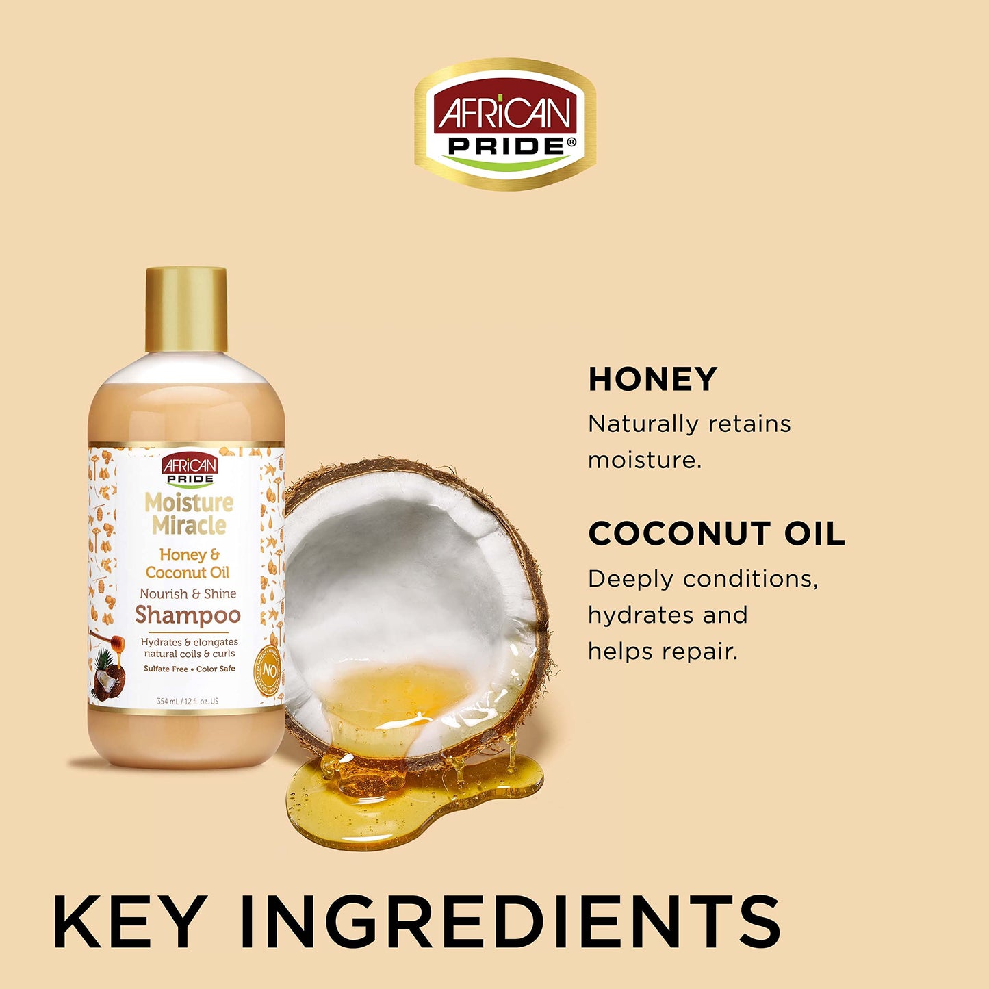 African Pride Moisture Miracle Honey & Coconut Oil Shampoo - For Natural Coils & Curls, Nourishes & Shines, Sulfate Free, Color Safe, 12 oz. Beauty & Personal Care African Pride