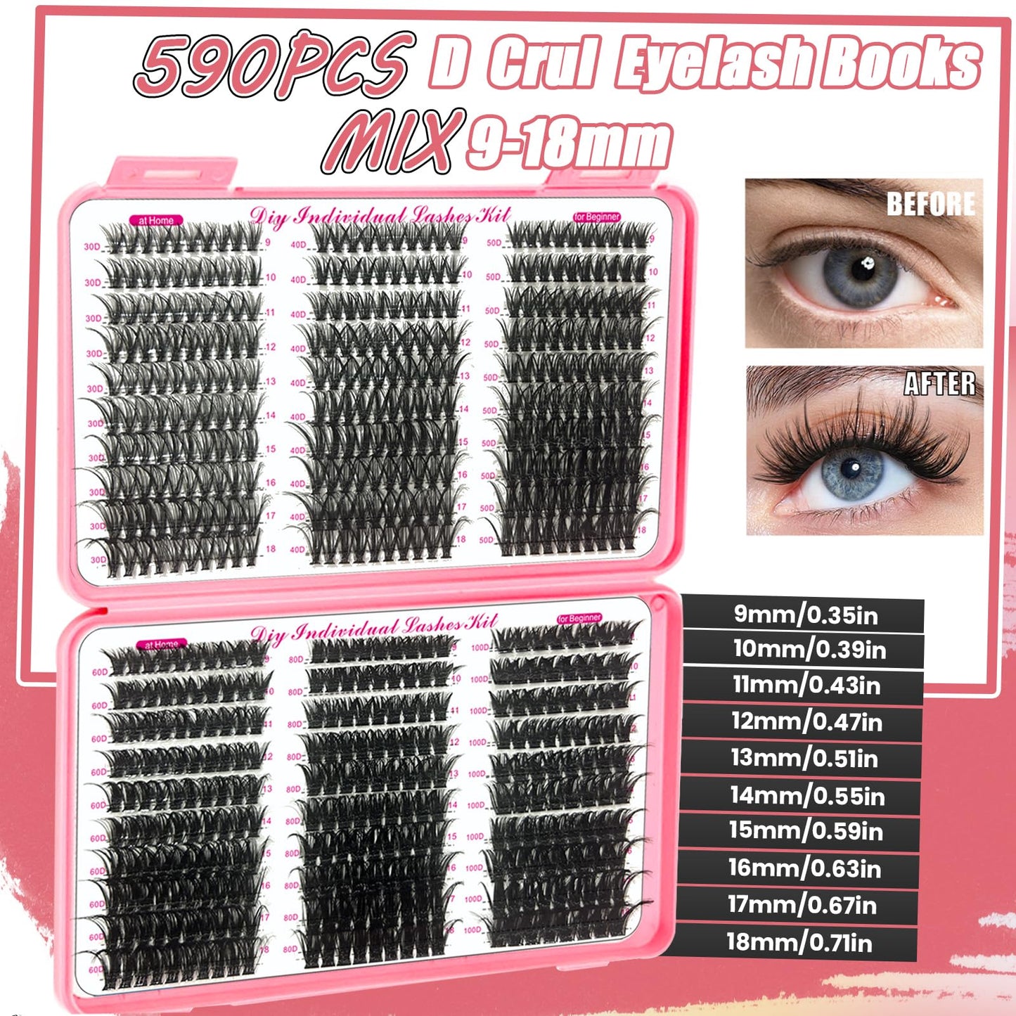 DNSGOOR DIY Lash Extension Kit 590Pcs 9-18mm D Curl Lashes Clusters with Lash Bond and Seal Glue Remover Lash Shampoo Cleansing Brush Headband… Beauty & Personal Care DNSGOOR