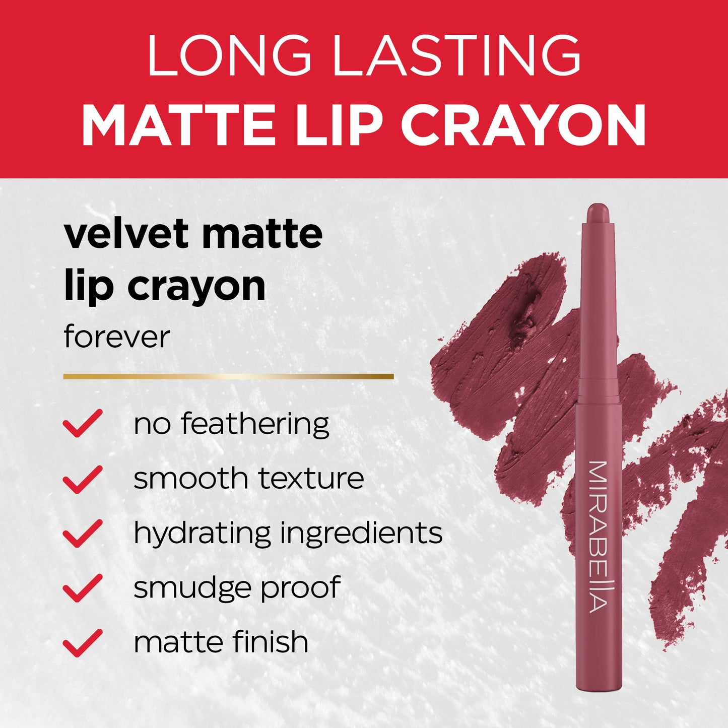 Mirabella - Velvet Matte Lip Crayon, Retractable Highly-Pigmented 2-in-1 Makeup, Long-Lasting Hydrating Lipstick Crayon + Lip Liner, Moisturizing Beauty & Personal Care Mirabella