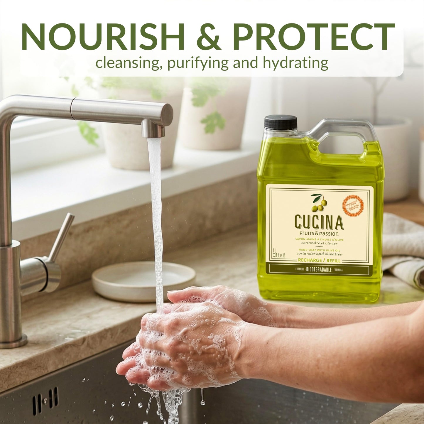 Cucina Fruits & Passion Hand Soap Refill - Coriander & Olive Tree - 1 Liter (33.8 fl oz) - Olive Oil Enriched Kitchen Hand Soap - Biodegradable Beauty & Personal Care Cucina