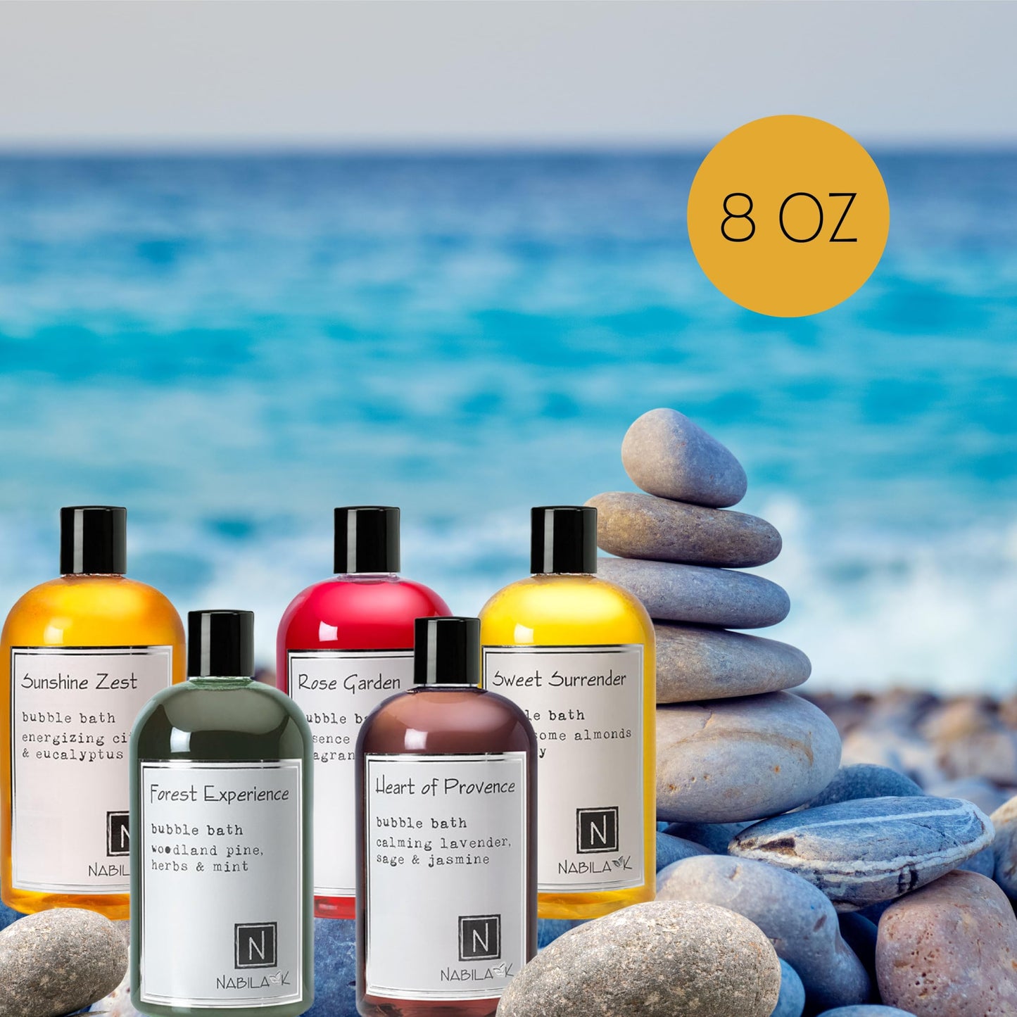 Nabila K Assorted Bubble Bath Collection (Set of 5) - Forest Experience, Rose Garden, Sunshine Zest, Sweet Surrender, Heart of Provence - Natural Beauty and Personal Care Nabila K