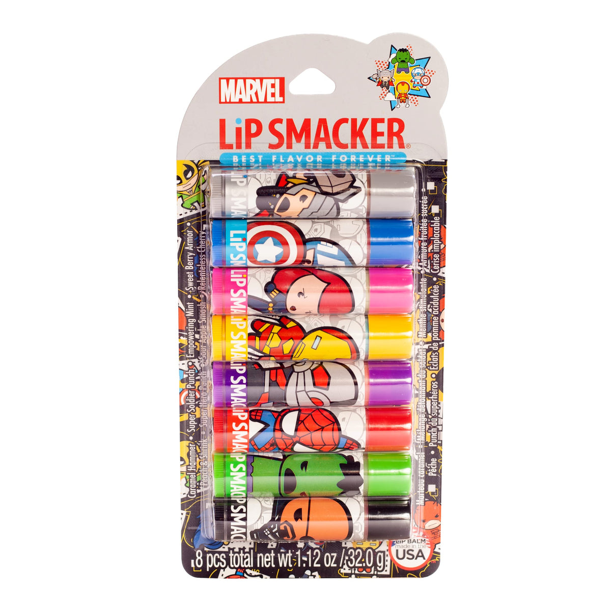 Lip Smacker Marvel Avenger Flavored Lip Balm Party Pack 8 Count, Super Hero, Spirderman, Iron Man, Captain America, Clear, For Kids Beauty & Personal Care Lip Smacker
