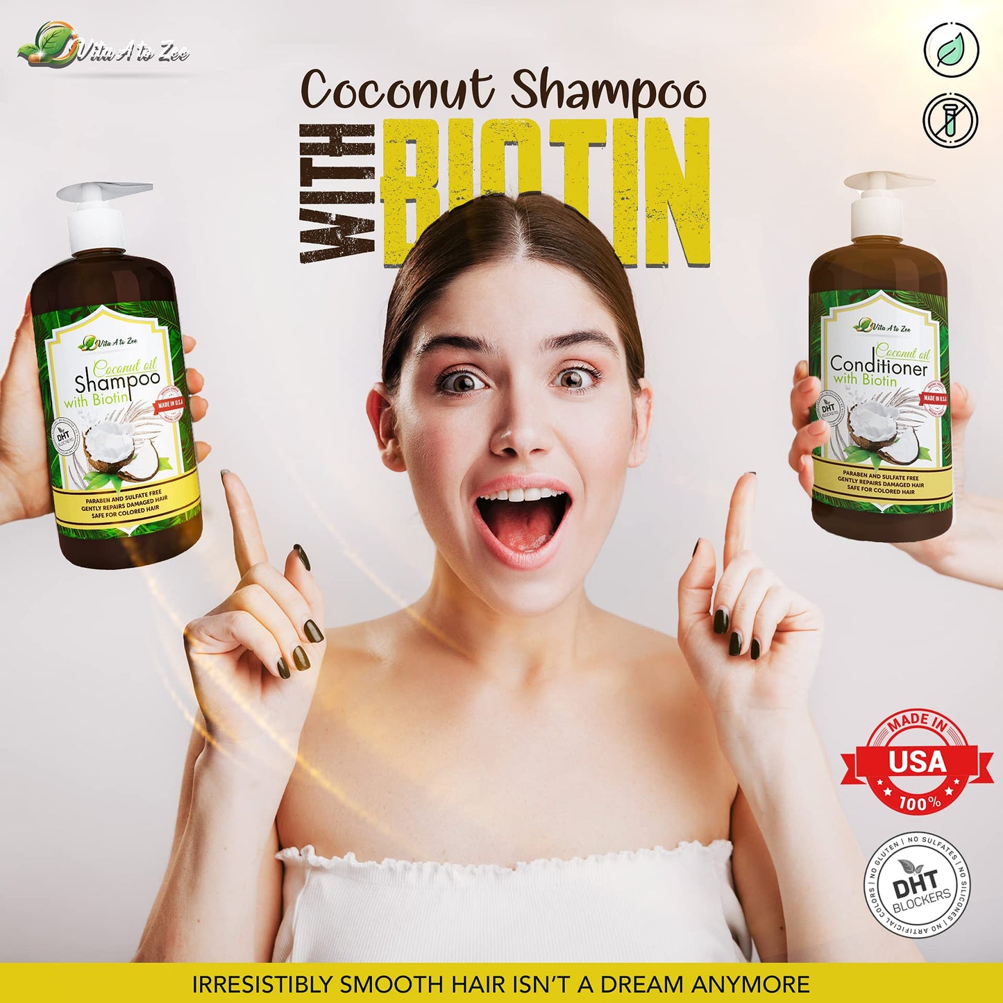 Vita A to Zee Coconut Oil Shampoo & Conditioner with Biotin, Aloe Vera (2 x 16.9 Fl Oz) - Hair Regrowth Shampoo Conditioner for Dry, Frizzy & Coarse Beauty & Personal Care Vita A to Zee