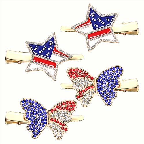 4th of July Patriotic Hair Clips Rhinestone American Flag Star Heart Bows Alligator Metal Clips Crystal Red White and Blue USA Independence Day Beauty & Personal Care BVGA