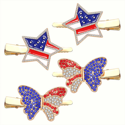 4th of July Patriotic Hair Clips Rhinestone American Flag Star Heart Bows Alligator Metal Clips Crystal Red White and Blue USA Independence Day Beauty & Personal Care BVGA