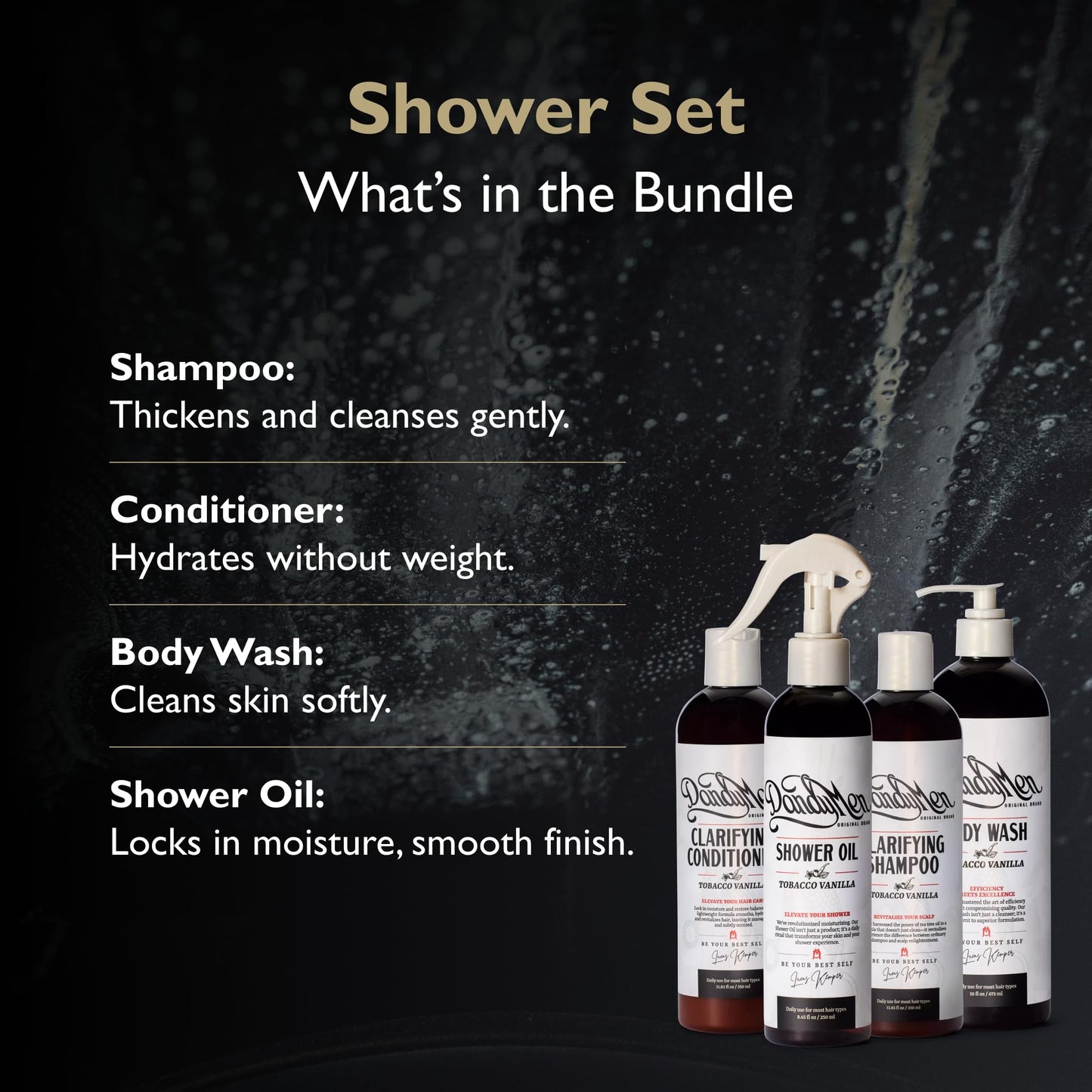 DandyMen Men’s Shower Set - Shampoo, Conditioner, Body Wash & Shower Oil - Cleansing & Moisturizing Grooming Kit for Hair & Skin (Tobacco Vanilla) Beauty & Personal Care DandyMen