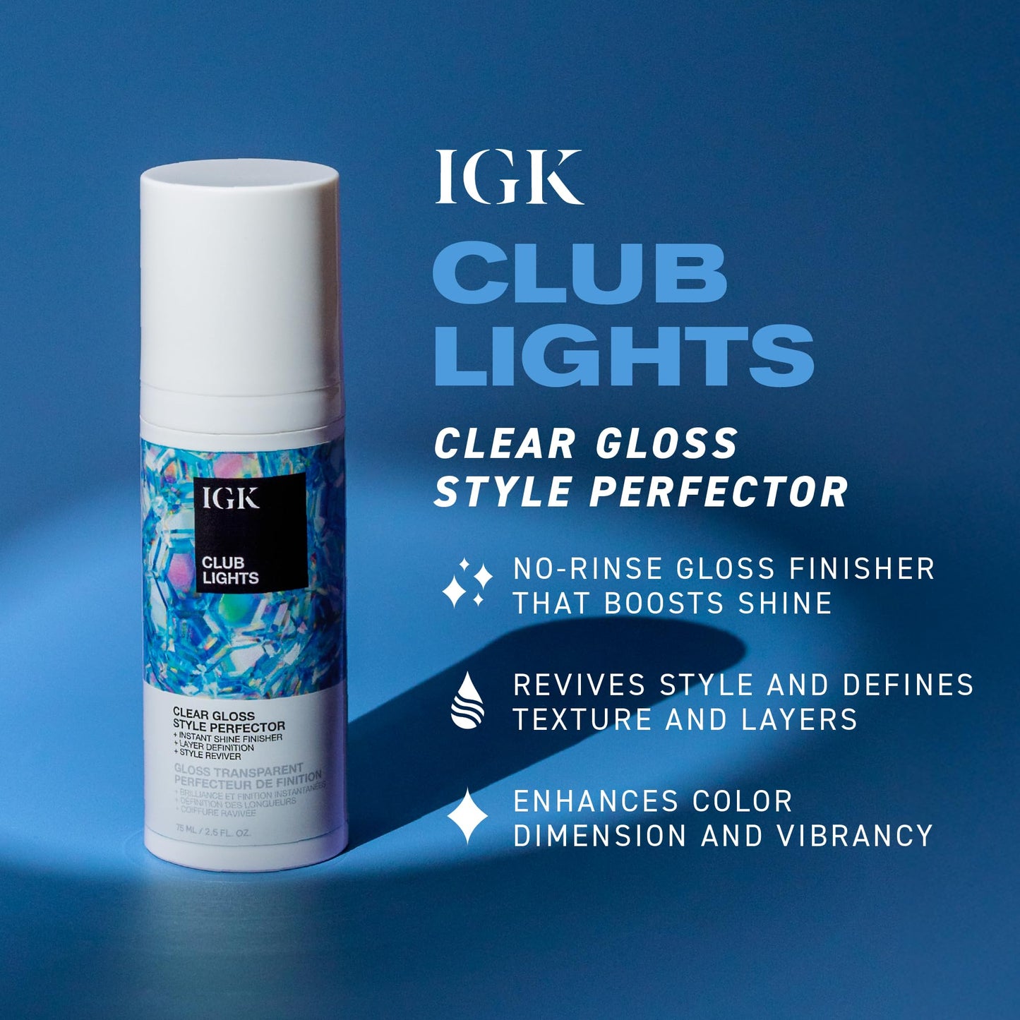IGK Club Lights Clear Gloss Instant Shine Style Perfector, Instant Shine Finisher & Style Reviver, 2.5 Fl oz Beauty & Personal Care IGK
