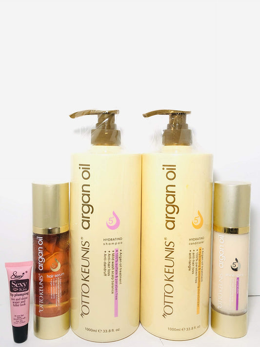 OTTO KEUNIS argan oil 5+ Hydrating shampoo 33.8oz, Conditioner 33.8oz., Hair serum 3.38 oz., Shine Spray 3.38 oz "Free Starry Sexy Kiss Lip Plumping Beauty & Personal Care OTTO KEUNIS