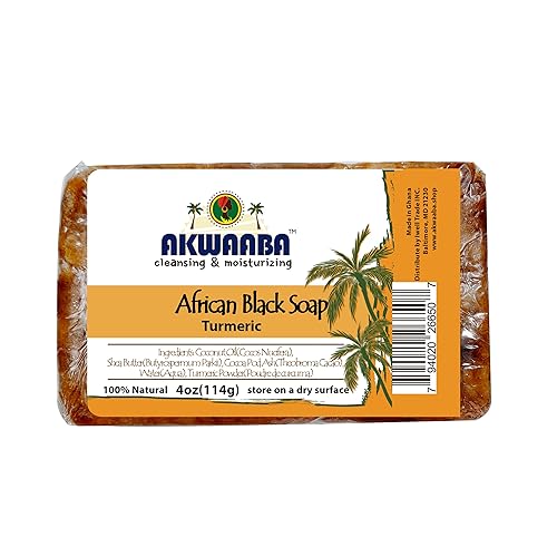 AKWAABA African Black Soap with Turmeric | 4 oz | Cleansing Bar for Face & Body Beauty & Personal Care AKWAABA