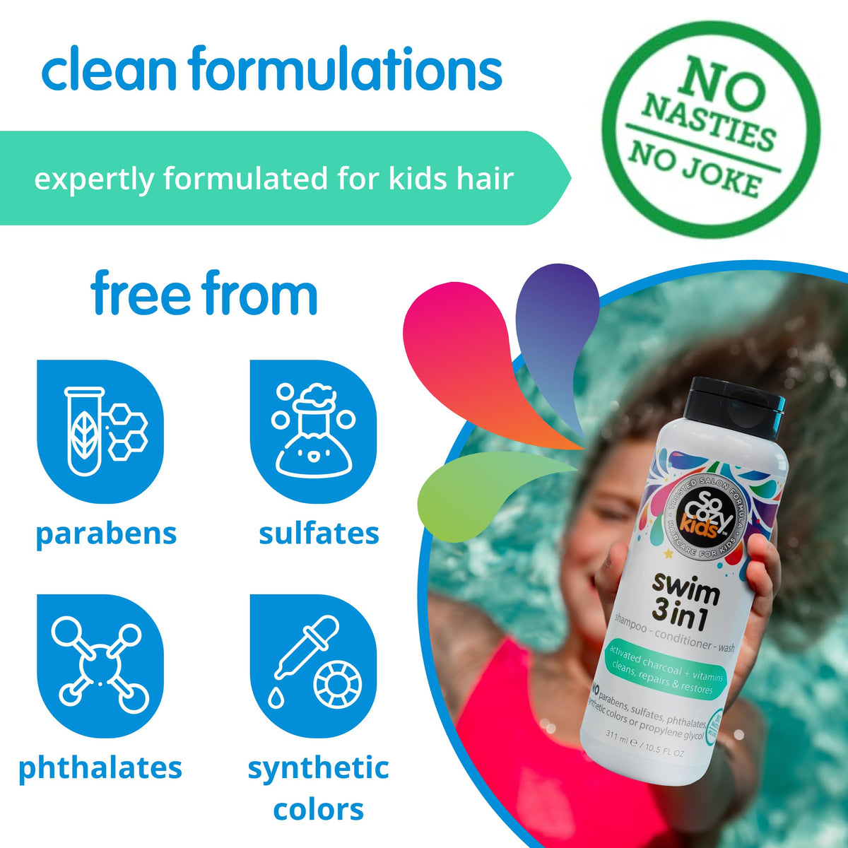 SoCozy Splash Swim 3 in 1 Shampoo + Conditioner + Wash, 10.5 Ounce ( Pack May Vary )