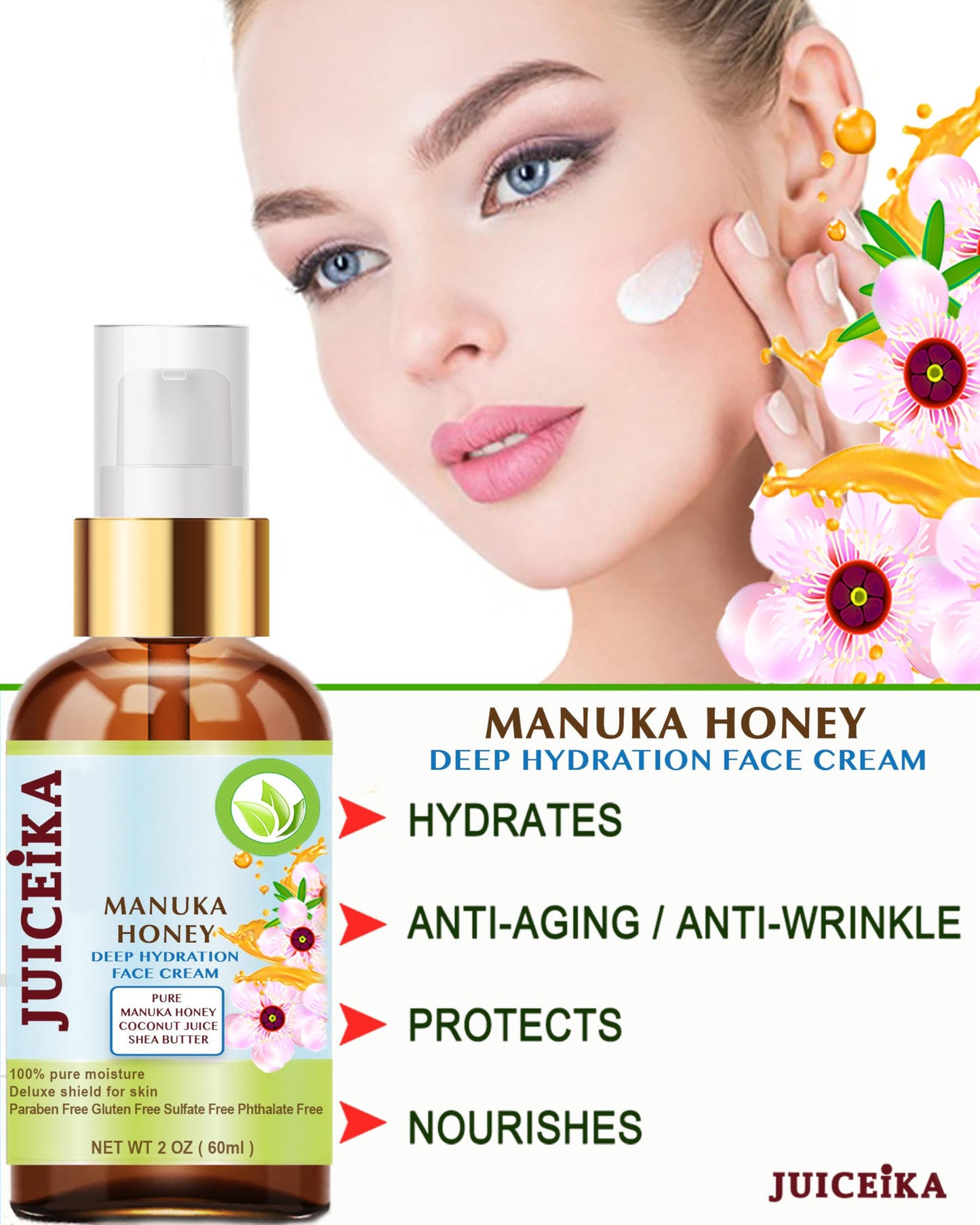 Juiceika MANUKA HONEY Deep Hydration Face Cream Face Moisturizer. Manuka Oil, Aloe Vera, Shea Butter, Coconut Oil, Jojoba Oil, Squalane, Hyaluronic Beauty & Personal Care Juiceika