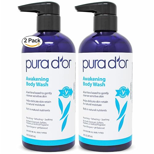 PURA D'OR Awakening Body Wash (16oz x2 = 32oz) Aloe Vera, Chamomile, Lavender, Tea Tree for Invigorating Earthy Scent, pH Balanced for Moisturized Beauty & Personal Care PURA D'OR