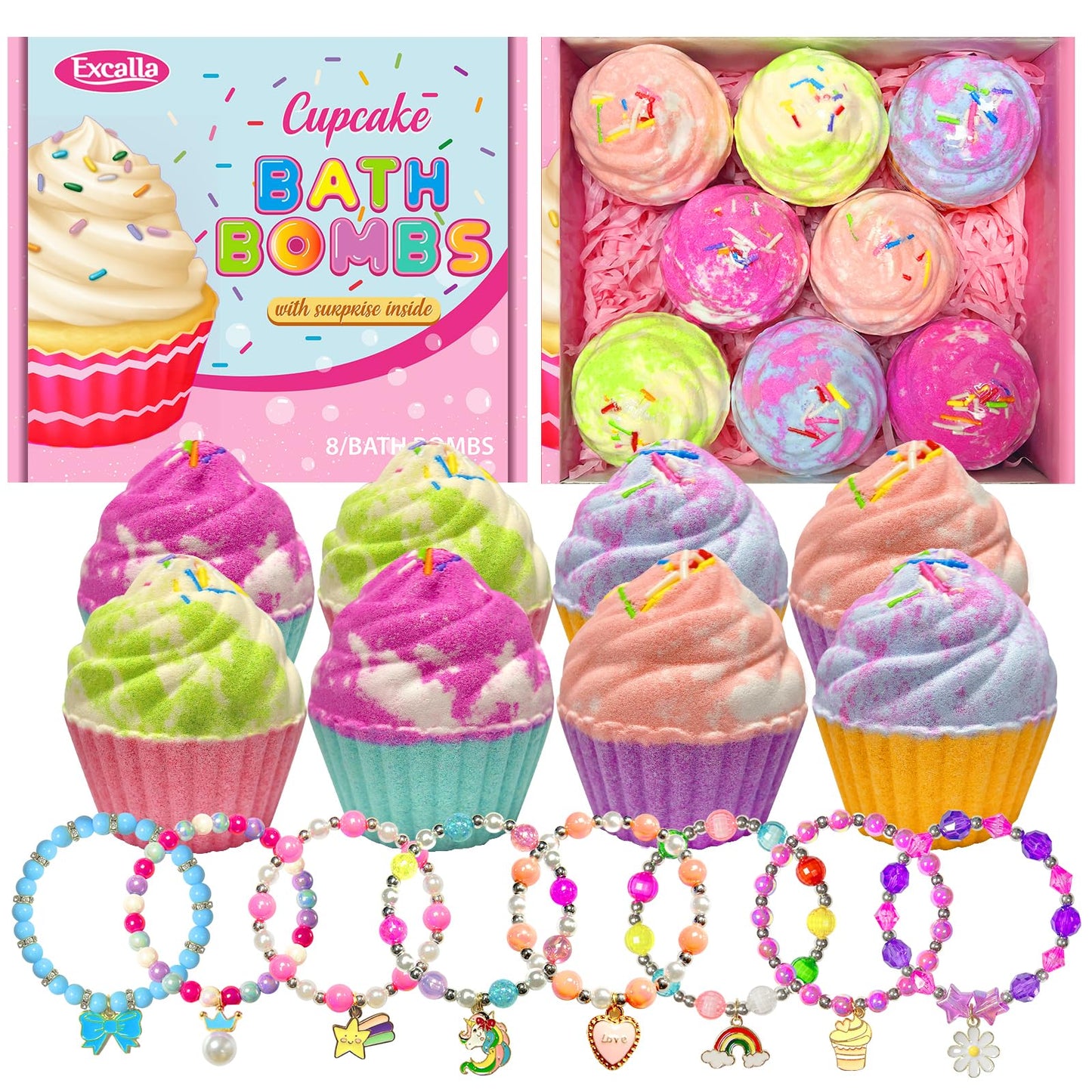 Bath Bombs for Kids with Surprise Jewelry Inside, 8 Cupcake Bath Bombs for Girls Gift Set, Handmade Fizzes Balls with Rich Bubble Bath, Ideal Beauty and Personal Care Excalla